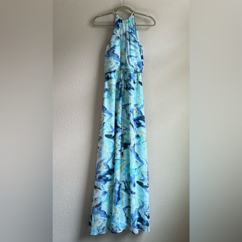 Vince Camuto Light Blue Watercolor Silver Choker Halter Top Maxi Dress, 2